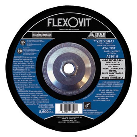 Flexovit HP Heavy Duty Depressed Center Wheel, 7 in Dia x 1/4 in THK, A24T Grit, Aluminum Oxide Abrasive A5301H